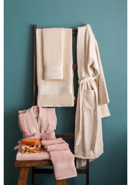 Lotus Bambu Aile Bornoz Seti Blush-Ekru