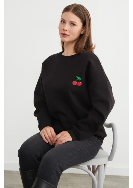 3 Iplik Kiraz Baskılı Oversize Sweatshirt