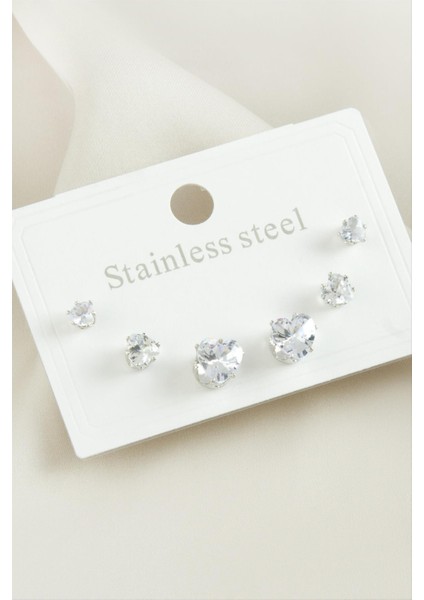 6 Adet Kalp Zirkon Taşlı Çelik Küpe