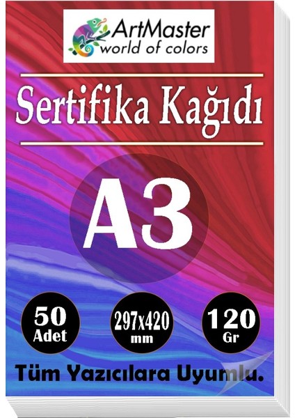 A3 Sertifika Kağıdı 50 Adet 120 Gram Kalın Fotokopi Kağıdı Tüm Yazıcılara Uyumlu 29.7X42 cm Kalın Baskı Kağıdı