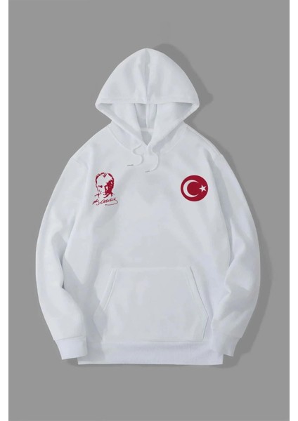 10 Kasıma Özel Üç Iplik Kapüşonlu Baskılı Sweatshirt - Beyaz