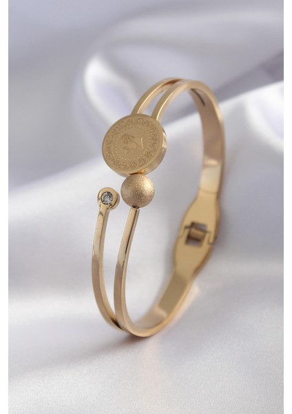 316L Çelik Gold Renk Çeyrk Altın Zirkon Taş Detay Kadın Kelepçe - TJ-BB5152