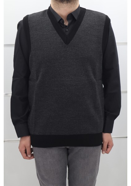 Fistan Store Erkek Düz Klasik Kesim Rahat Kalıp V - Yaka Kışlık Yünlü Süveter