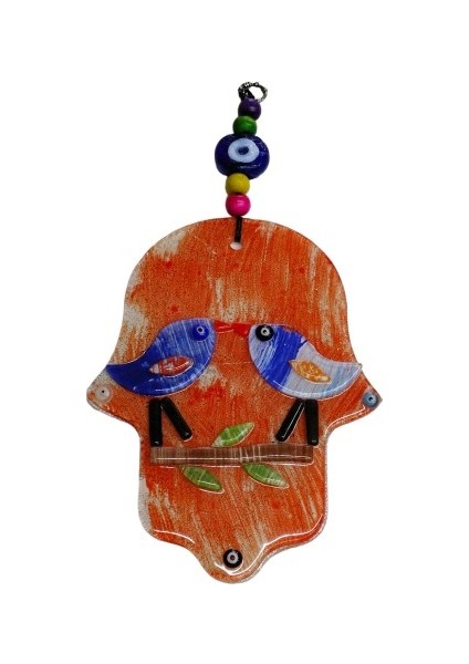 Turuncu Kuşlu Füzyon Cam Fatma Ana Eli Duvar Süsü Kapı Süsü