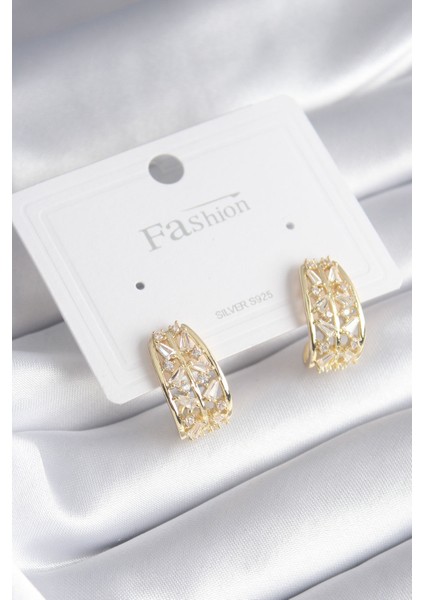 Pirinç Gold Renk Zirkon Taşlı Kadın Küpe - TJ-BKP8428