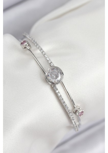 Pirinç Zirkon Taşlı Pırlanta Model Gümüş Renk Kadın Bileklik - TJ-BB7880