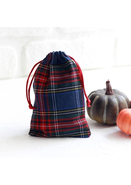 Lacivert Ekose Bağcıklı Yılbaşı Hediye Kesesi, 10X15 cm 2 Adet