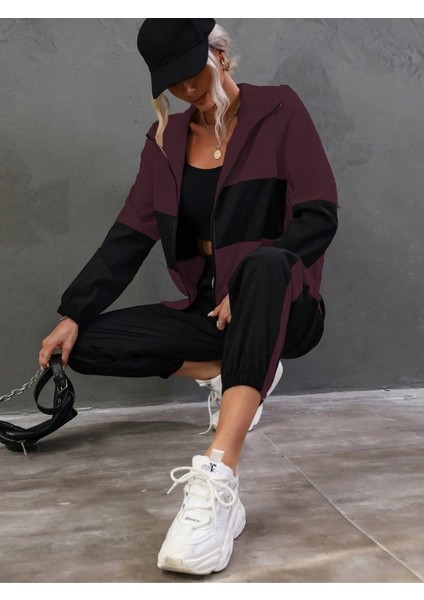 Kadın Uzun Kollu Kapşonlu Önden Fermuarlı Viskon Iki Iplik Bluz ve Pantolon Ikili Takım