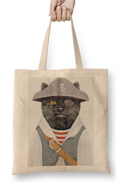 Korsan Kedi Cats Beyaz Bez Çanta Uzun Saplı Alışveriş Çantası Plaj Çantası