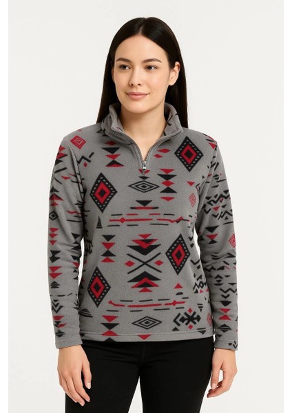 Kadın Yarım Fermuarlı Desenli Polar Sweat Tribal Etnik Desen Yakalı, Uzun Kollu, Oversize Rahat Kalıp - Füme -Vlmr