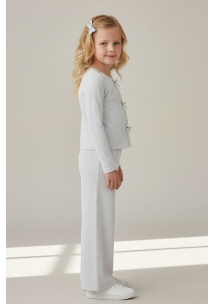 Kız Çocuk Gri Fiyonk Detaylı Uzun Kollu Tişört ve Bol Paça Pantolon Takım - Kız Çocuk Takım fiyatları