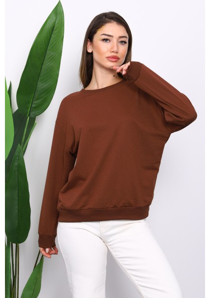 Kahverengi Bisiklet Yaka İki İplik Sweatshirt