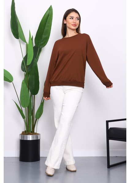 Kahverengi Bisiklet Yaka İki İplik Sweatshirt fiyatları