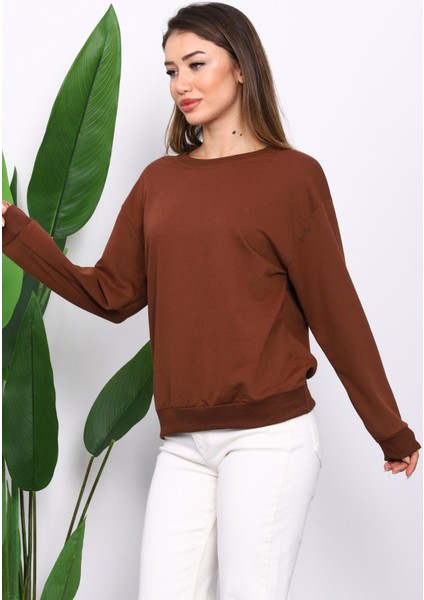 Kahverengi Bisiklet Yaka İki İplik Sweatshirt modelleri