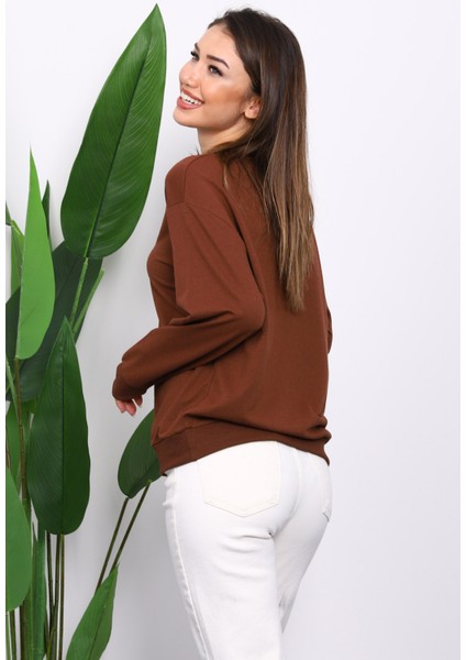 Kahverengi Bisiklet Yaka İki İplik Sweatshirt fırsatları