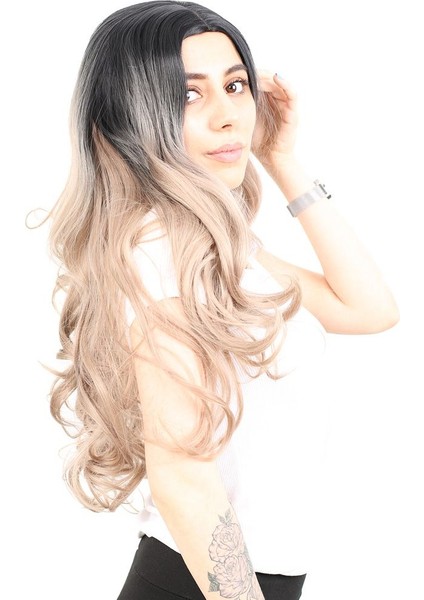 Yoğun Dalgalı Fiber Sentetik Uzun Perçemsiz Peruk / Siyah / Küllü Bebek Sarı Ombreli fiyatları