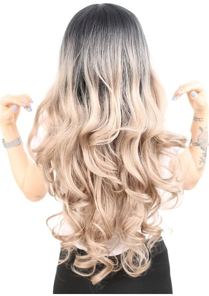 Yoğun Dalgalı Fiber Sentetik Uzun Perçemsiz Peruk / Siyah / Küllü Bebek Sarı Ombreli fırsatları