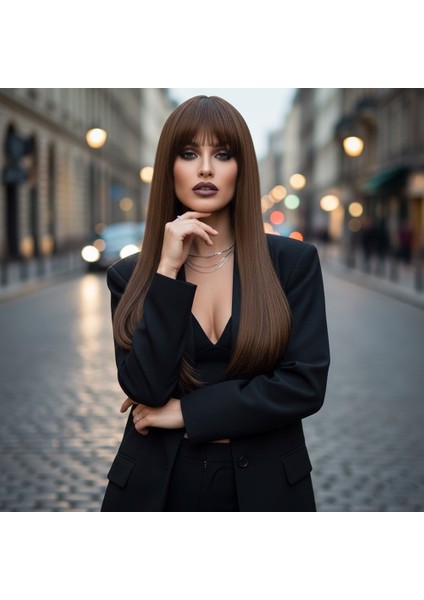 Düz Perçemli Uzun Fiber Sentetik Peruk / Kumral