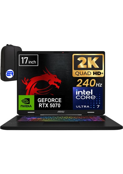 Crosshaır 17 Hx Aı D2XWGKG-018XTREP8 Intel Core Ultra 7 255HX 64GB 2tb SSD RTX5070 17" W11 Pro Qhd+ 240Hz + Elektropasaj Çanta