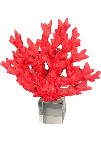 Kırmızı & Sarı Renk Dekoratif Mercan Obje | Kristal Ayaklı Modern Masa ve Salon Aksesuarı