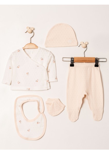 Yeni Doğan Kız Bebek Için Jakarlı Baskılı 5\'li Hastane Çıkışı (0-3 Ay modelleri