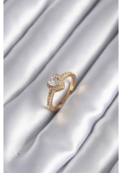 bulurum pirinç gold renk zirkon taşlı kalp charm model kadın yüzük