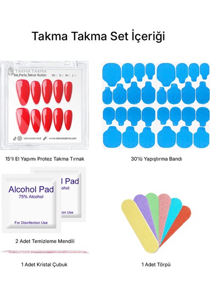 15'li Kırmızı Uzun Badem TT1377 Tekrar Kullanılabilir El Yapımı Protez Takma Tırnak - Kırmızı-M fiyatları