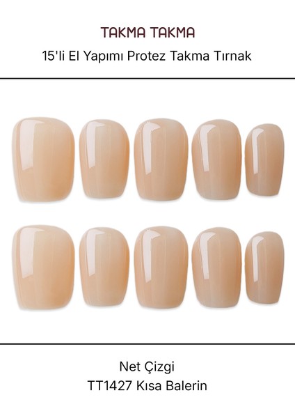 15'li Ten Rengi Kısa Balerin TT1427 Tekrar Kullanılabilir El Yapımı Protez Takma Tırnak - Ten Rengi-S