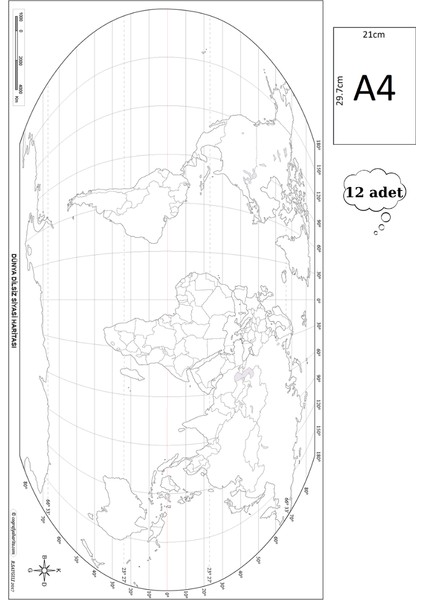 A4 Boy Dilsiz Dünya Siyasi Haritası Geoid Renksiz 12 Adet