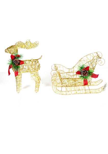 Yılbaşı Süsü, Geyik ve Kızak, Gold - Metal, Işıklı, Simli, Kırmızı Fi