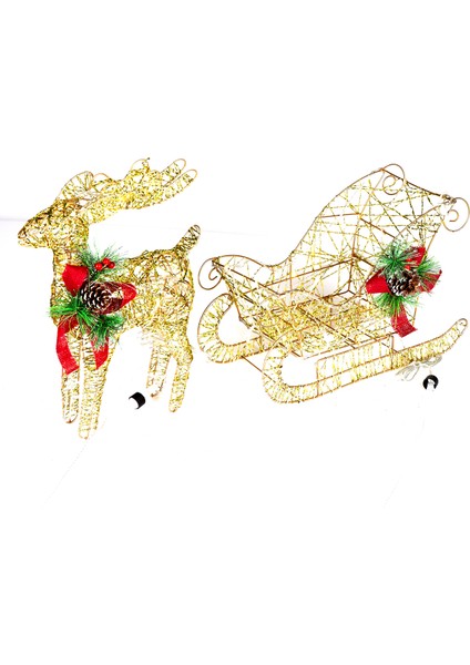 Yılbaşı Süsü, Geyik ve Kızak, Gold - Metal, Işıklı, Simli, Kırmızı Fi fiyatları