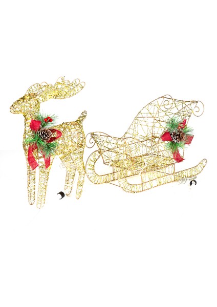 Yılbaşı Süsü, Geyik ve Kızak, Gold - Metal, Işıklı, Simli, Kırmızı Fi fırsatları