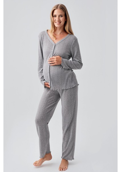 Uzun Kollu Ajurlu Düğmeli Esnek Pamuklu Hamile Pijama Takım 18214