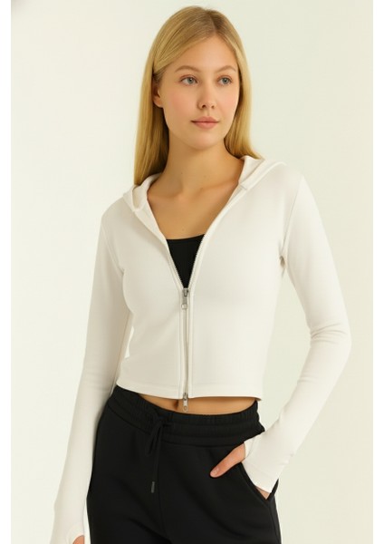 Kadın Kapüşonlu Fermuarlı Ekru Ceket | Parmak Geçme & Gizli Cep Detaylı | %100 Pamuk | Dar Kalıp