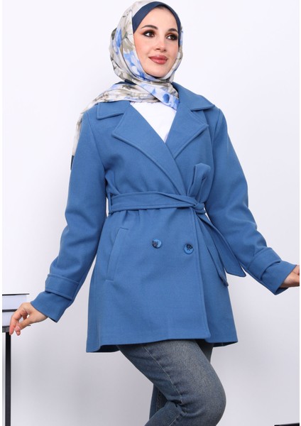 İndigo Kruvaze Yaka Çift Düğmeli Kaşe Kaban