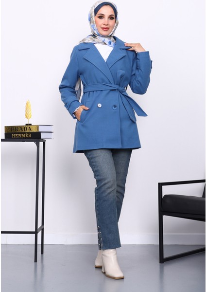 İndigo Kruvaze Yaka Çift Düğmeli Kaşe Kaban fiyatları