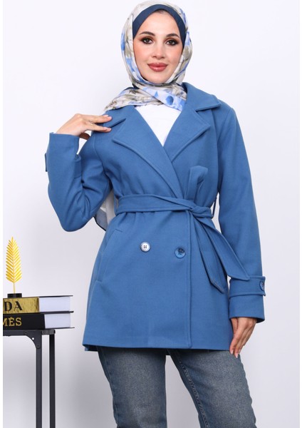İndigo Kruvaze Yaka Çift Düğmeli Kaşe Kaban modelleri