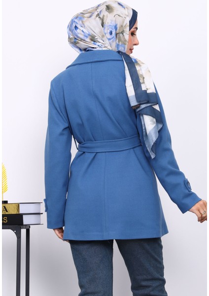 İndigo Kruvaze Yaka Çift Düğmeli Kaşe Kaban fırsatları