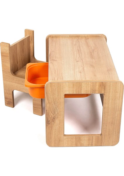 Tek Kişilik Çocuk Oyun, Aktivite ve Etkinlik Masası, Ceviz-Turuncu, 18MM 1.sınıf Mdf