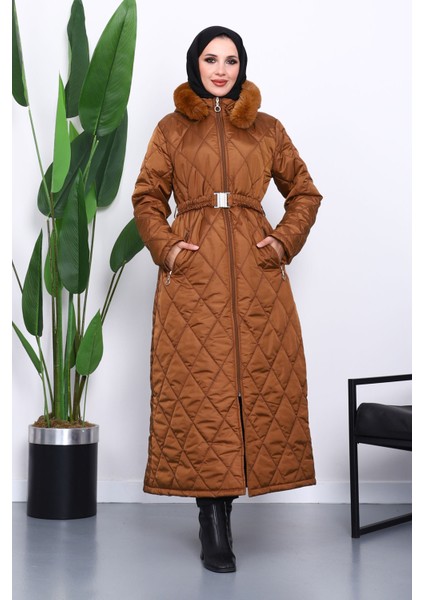 Taba Kapüşonlu Kapitone Uzun Şişme Mont