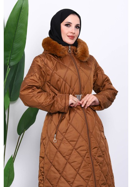 Taba Kapüşonlu Kapitone Uzun Şişme Mont modelleri