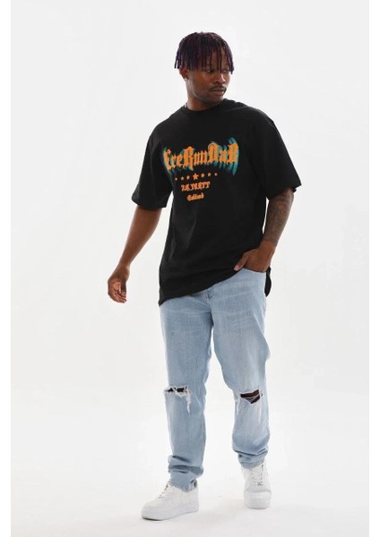 Unisex Baskılı Oversize T-Shirt - Siyah fırsatları