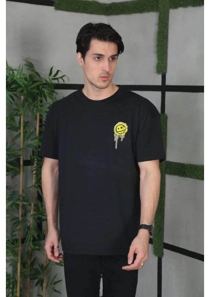 Unisex Bisiklet Yaka Baskılı Oversize T-Shirt - Siyah fiyatları