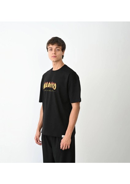 Unisex Bisiklet Yaka Baskılı Oversize T-Shirt - Siyah modelleri