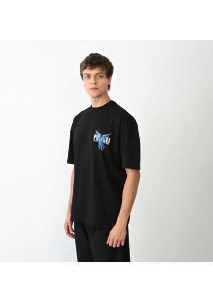 Unisex Bisiklet Yaka Baskılı Oversize T-Shirt - Siyah fiyatları