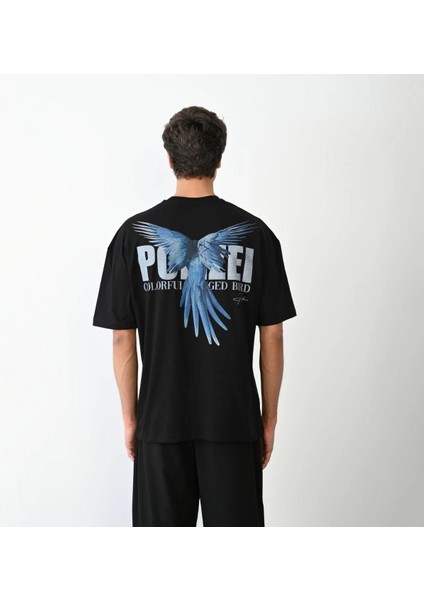 Unisex Bisiklet Yaka Baskılı Oversize T-Shirt - Siyah indirimleri