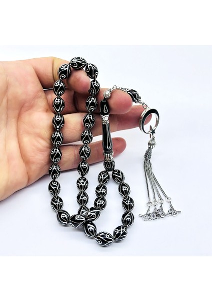 Gümüş Işlemeli Tavus Kuşu Model Orijinal Oltu Taşı Tesbih fiyatları