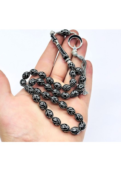 Gümüş Işlemeli Tavus Kuşu Model Orijinal Oltu Taşı Tesbih modelleri