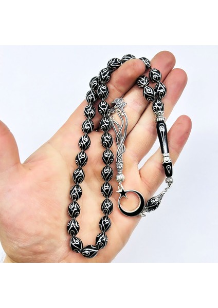 Gümüş Işlemeli Tavus Kuşu Model Orijinal Oltu Taşı Tesbih indirimleri