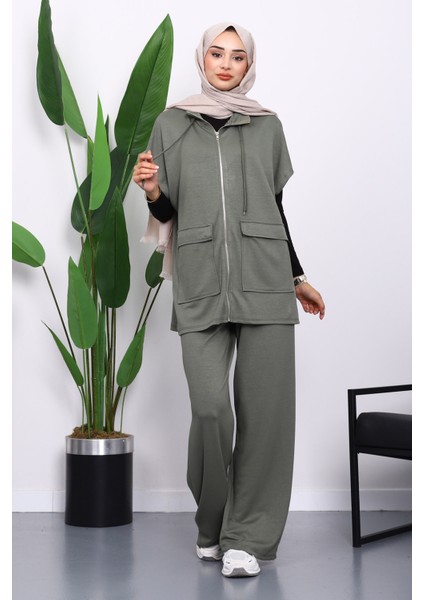 Haki Fermuarlı Çift Cepli Modal Yelek Pantolonlu Takım